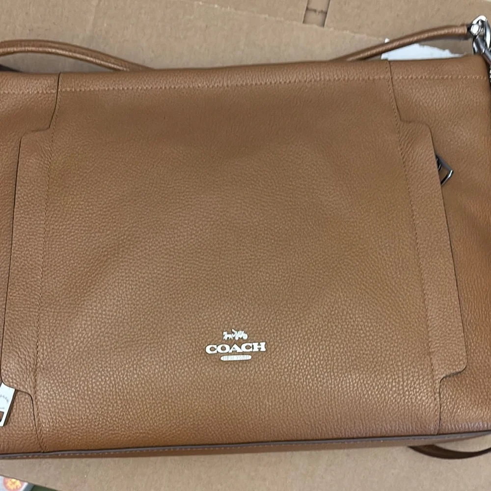 Coach Tan Leather Messenger Bag with Pebbled Texture